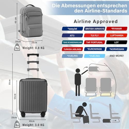 Detalle 2 de COOLIFE set de cabina Ryanair y EasyJet (2 piezas): maleta rígida 55 x 40 x 20 cm con candado TSA y mochila de negocios