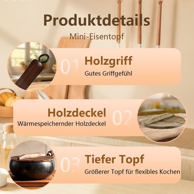 Detalle de Fosoloni Japanische Eisenpfanne mit Holzdeckel-Set (Eisen, unbeschichtet, antihaftfrei)
