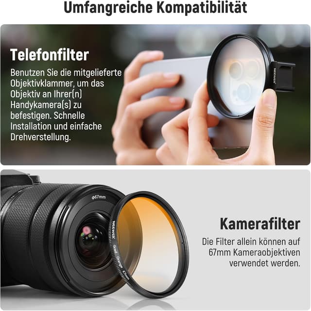 Detalle 2 de NEEWER 67 mm ND-Filter-Kit für Smartphone-Kamera mit Cold-Shoe-Clip (CPL/ND32/6-Punkt-Stern + Farbfilter)