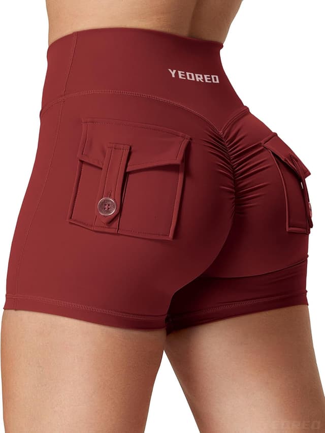 Detalle de YEOREO CoreFlex Scrunch Workout Shorts with Pockets (High-Waisted Biker Shorts for Women)