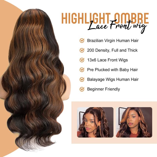 Detalle de Afribye 30-inch 13x6 Highlight Body Wave Lace Front Wig (Human Hair, Pre-plucked, Ombre, HD Lace, Glueless)
