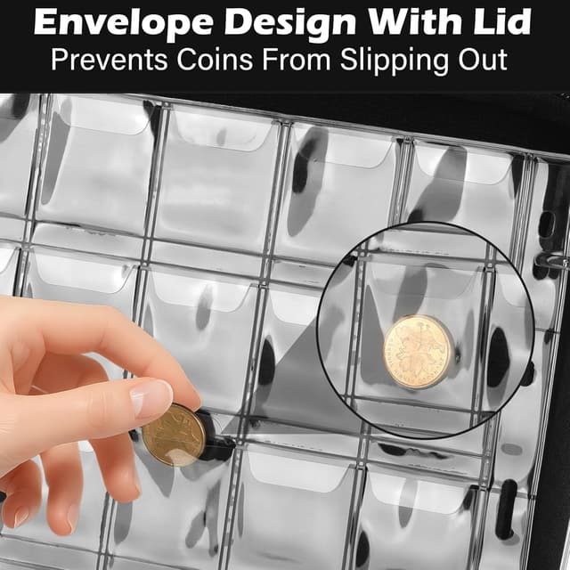 Detalle de KOMABLEN 480 Tasche Raccoglitore Monete con Cerniera, 16 Pagine 35x35 mm