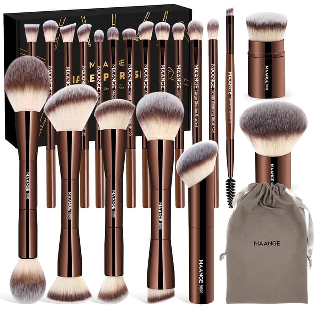 Detalle de MAANGE 20-Piece Foundation & Eye Makeup Brush Set with Double-Ended Kabuki Brushes (Coffee)