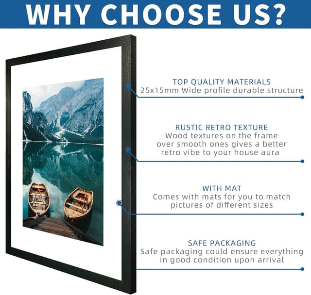 Detalle 2 de Hongkee 24x30 Frame Set of 2 in Rustic Black Wood Style (HD Plexiglass) for 24x30 Posters or 18x24 Photos with Mat