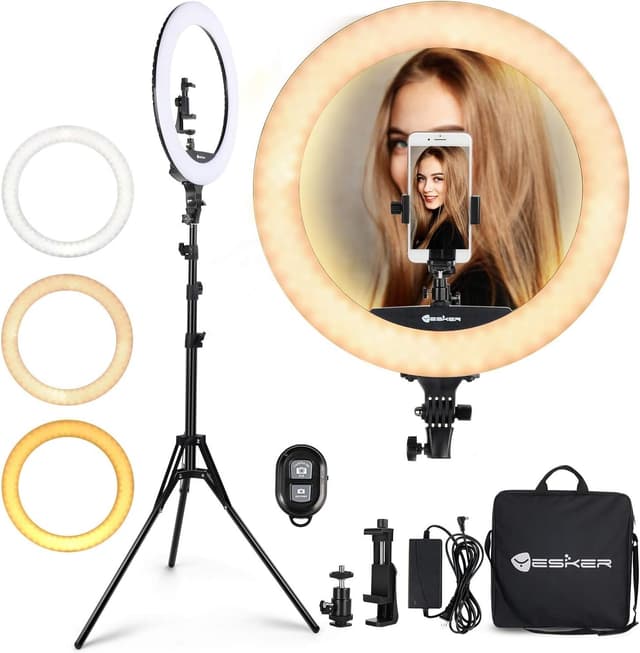 Detalle de Yesker 18-inch LED Ring Light Kit with 73-inch Tripod Stand (3200K–6000K) + Phone Holder