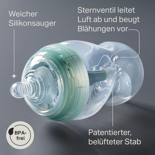Detalle de Tommee Tippee Advanced Anti-Kolik Starterset mit 150-ml- & 260-ml-Flaschen und Langsamsaugern