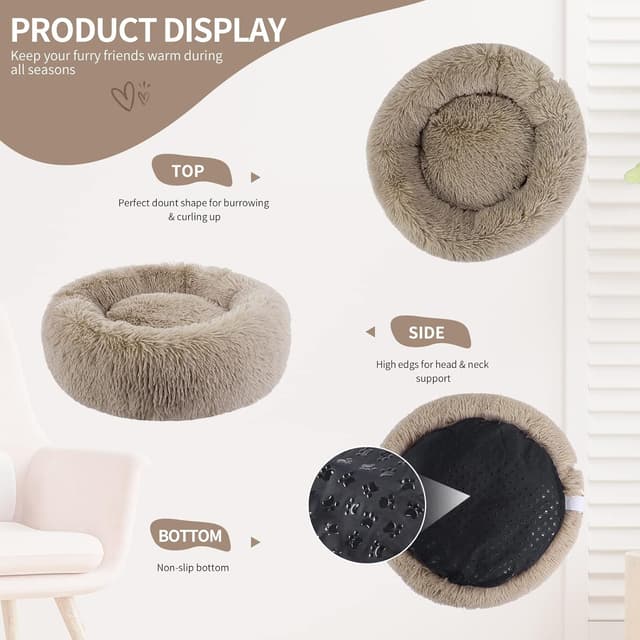 Detalle de BVAGSS Anxiety Dog Bed – Round Plush Donut Bed (40 cm), Light Brown
