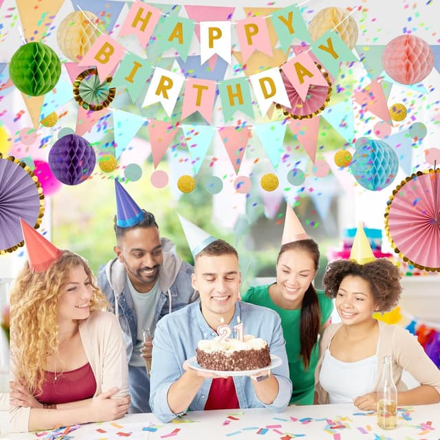 Thumbnail 6 de Meowoo Geburtstagsdeko-Set mit „Happy Birthday“-Girlande, Wimpelkette, Macaron-Dekor aus Papier & Wabenblumen