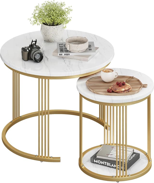 Detalle de Dripex lot de 2 tables basses gigognes rondes avec rangement et plateau effet marbre