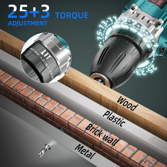 Detalle de PONOSEU Trapano Avvitatore 12V Compatto (kit completo) con 2 batterie da 2000 mAh, 25+3 regolazioni e set 24 pezzi