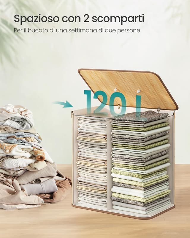 Detalle de SONGMICS LCB014Y01 Cesta portabiancheria in bambù con coperchio, 2 scomparti e sacco lavabile da 120 L