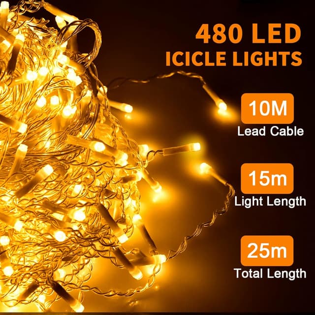 Detalle 2 de Dalugo Icicle Outdoor Christmas Lights (15m + 10m, 480 warm white LEDs) with memory timer
