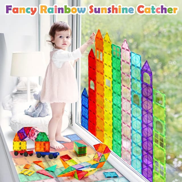 Detalle 2 de Dopyye 132-Piece Magnetic Tiles Building Blocks Set with 2 Rolling Cars (STEM Montessori Toy for Ages 3–9)