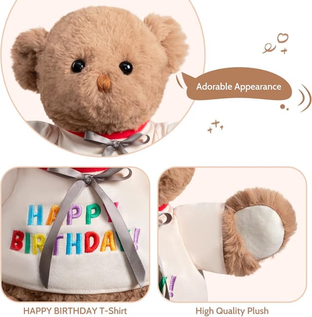 Detalle de BEJOY Teddybär mit „Happy Birthday“-T-Shirt, 35 cm Plüschtier zum Verschenken