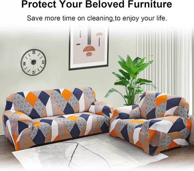 Detalle 2 de Jaotto Copridivano Elasticizzato 3 Posti Universale con Braccioli Fantasia Arancione Antiscivolo e Antimacchia