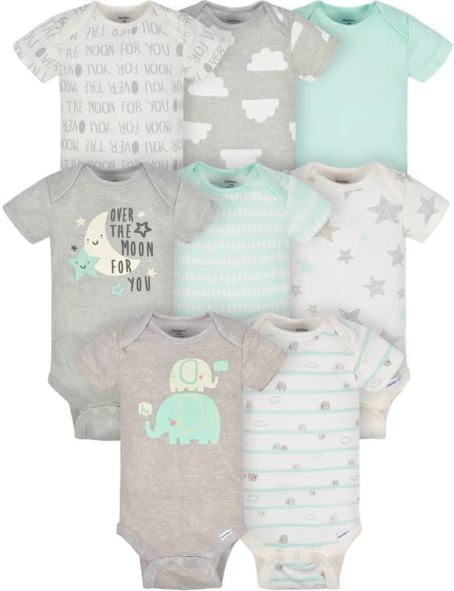Detalle de Confezione da 8 tutine Gerber Baby a maniche corte per prematuri (elefantini) in 100% cotone