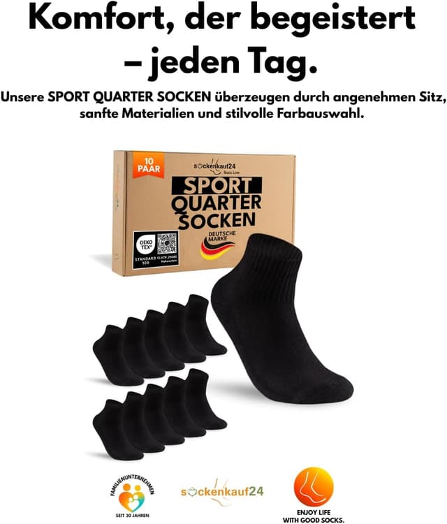Detalle de Sockenkauf24 10 Paar kurze Sportsocken Quarter & Tennissocken – atmungsaktive Baumwolle