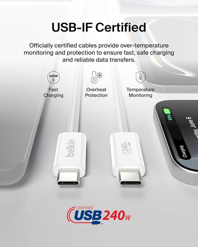 Detalle 2 de Belkin USB-C to USB-C Cable (6.6 ft, 240W) — Soft Braided Charging Cord (White)