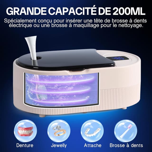Detalle de Nettoyeur ultrasons 45 kHz avec bac 200 ml, 5 modes et lampes U-V 24 W pour prothèses et protections buccales