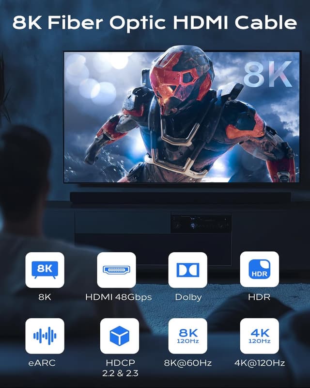 Detalle 1 de Cratree 8K Fiber Optic HDMI Cable (100FT) — HDMI 2.1, 48Gbps, supports 8K 60Hz & 4K 120Hz