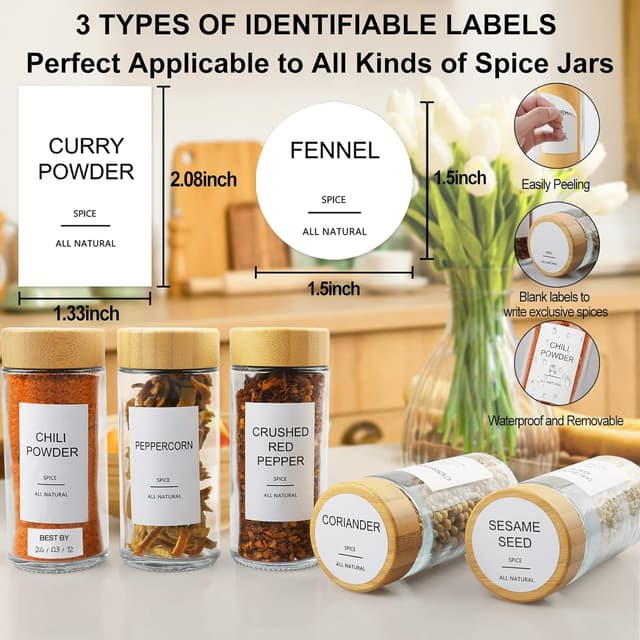 Detalle 2 de AISIPRIN Glass Spice Jars Set (24 x 4oz) with Bamboo Airtight Lids, 398 Labels, Funnel, Brush & Marker