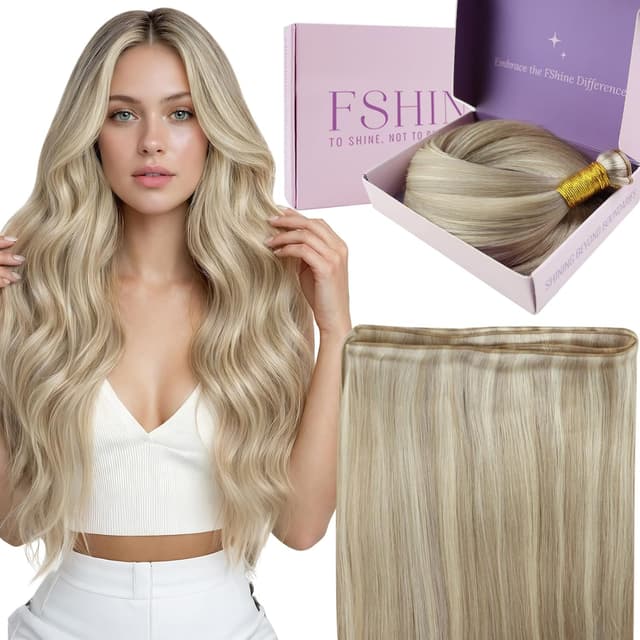 Detalle de Fshine Echthaar Tressen zum Einnähen, 35 cm / 50 g – aschblond mit hellblond Highlight (Farbe 18P613)