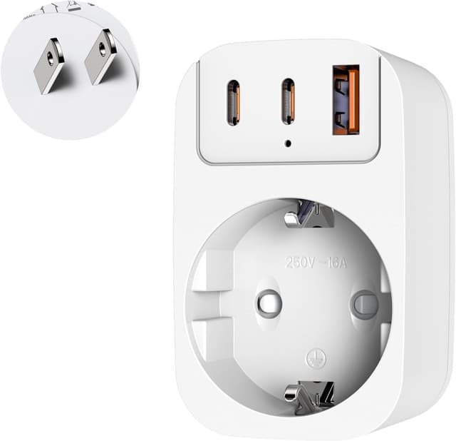 Detalle de THUNIX Deutschland nach Japan Adapter (Reiseadapter) mit 2x Typ-C und 1x USB-A – ohne Spannungswandler