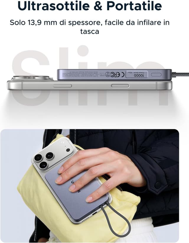 Detalle 2 de UGREEN MagFlow Air Qi2 15W batteria esterna magnetica 10.000 mAh con MagSafe e USB-C PD 30W (MagFlow Air) — grigio