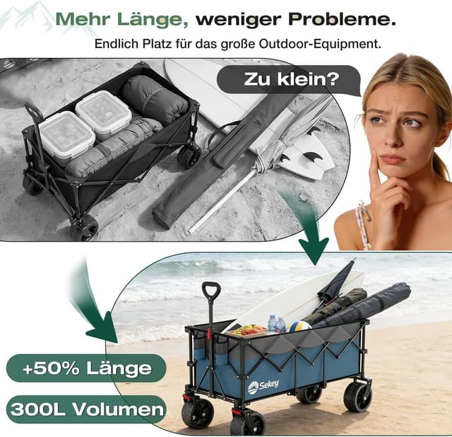 Detalle 2 de Sekey XXXL faltbarer Bollerwagen mit 300 l und 200 kg Tragkraft – verlängertes Modell, All-Terrain-Räder, blau/grau