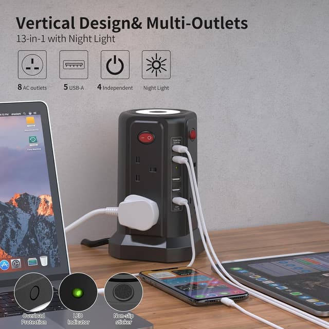 Detalle de Extension Lead 5m with USB Ports and Night Light, 8-way Tower Surge Protected (13A 3250W) – 5 USB Ports + 4 Independent Switches