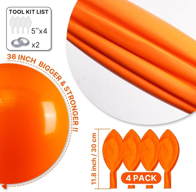 Detalle 2 de PartyWoo Orange Balloons Kit (36-inch) — 4 Pack Latex Helium or Air Balloons for Fall, Birthday & Baby Shower