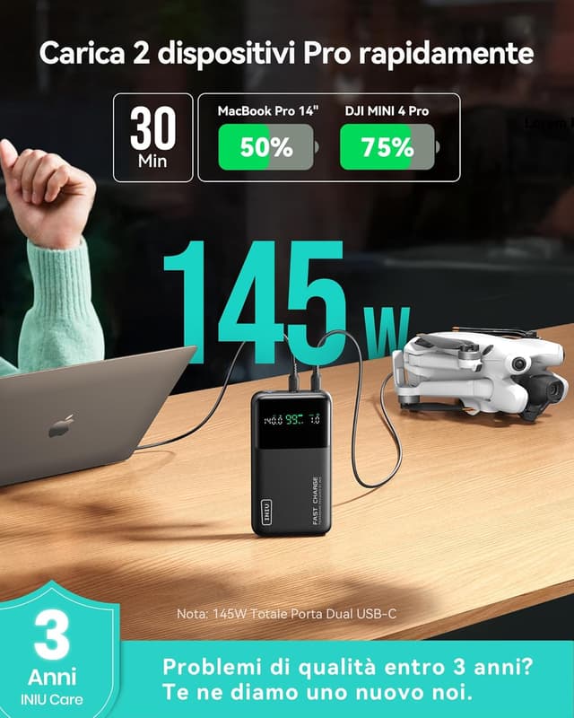 Detalle de INIU Power Bank 25000mAh 140W con ricarica rapida e display LED