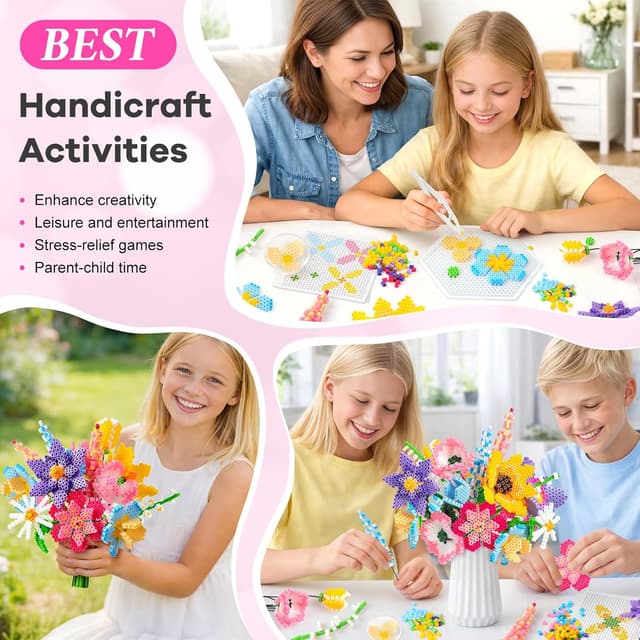 Detalle 2 de WEVOL Bügelperlen Bastelset Blumen mit 4.300 Steckperlen (5 mm), 16 Farben, 14 Vorlagen & Aufbewahrungsbox