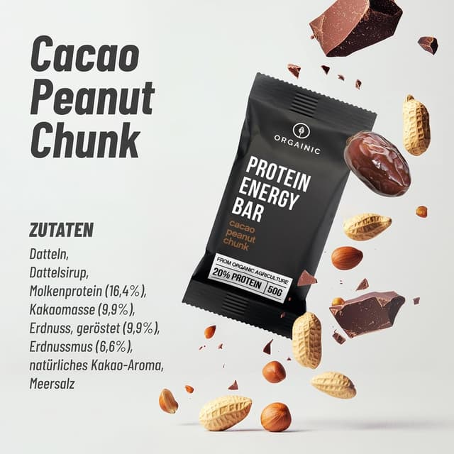 Detalle de ORGAINIC Bio Protein Riegel Kakao & Peanut (12 x 50 g) – zertifiziert, ohne Süßungsmittel