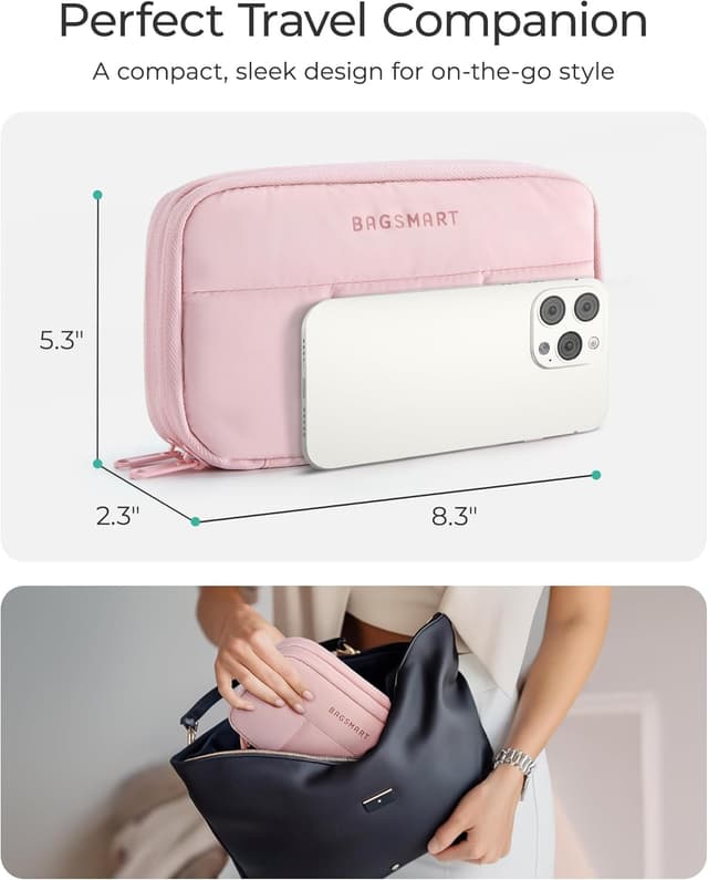 Detalle 2 de bagsmart Damen Elektronik-Organizer-Tasche mit doppeltem Reißverschluss – wasserdichter Kabeltasche für Reise & Alltag