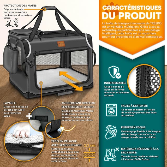 Detalle de TRESKO Caisse de transport pliable XXL pour chiens et chats (92 x 63 x 63 cm) anthracite