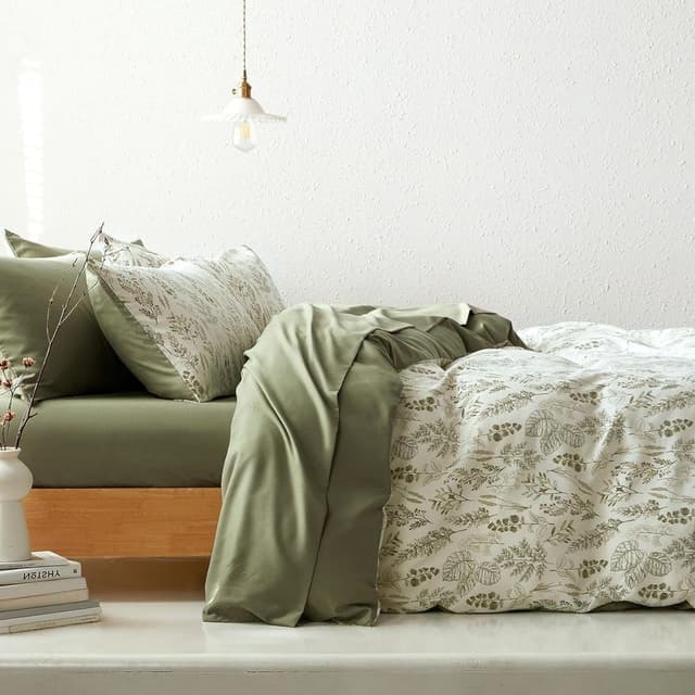 Detalle 2 de Tospass Housse de couette 220x240 cm microfibre vert olive à fleurs avec fermeture éclair et 2 taies 65x65 cm