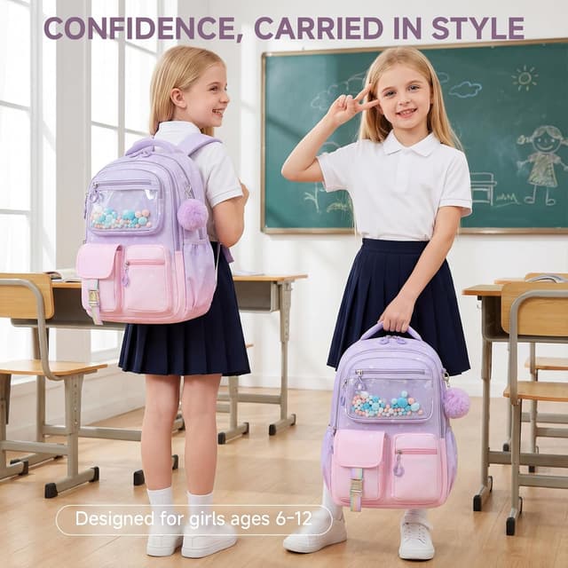 Detalle de Amythe Zainetto Bambina ergonomico riflettente 20L per scuola elementare e media (rosa-viola) con ciondoli