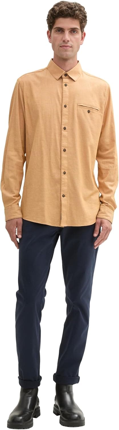 Detalle de TOM TAILOR 1043804 Camicia da uomo in cotone elastico effetto dobby con tasca sul petto