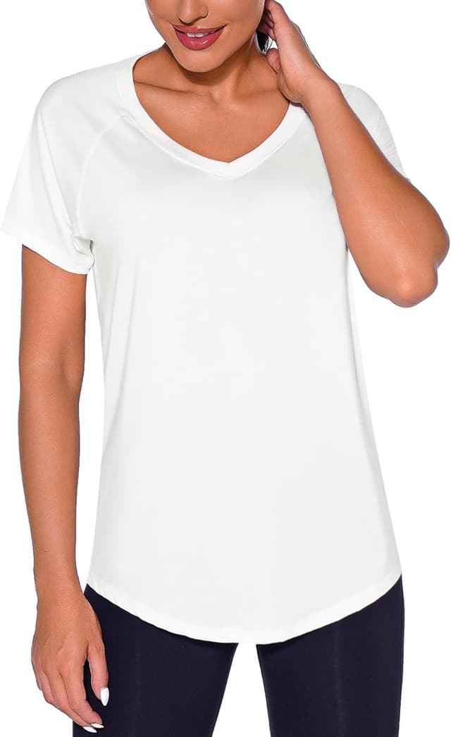 Detalle de Wayleb Damen Sportshirt Kurzarm mit V-Ausschnitt und Mesh-Rücken – leichtes Funktionsshirt fürs Training