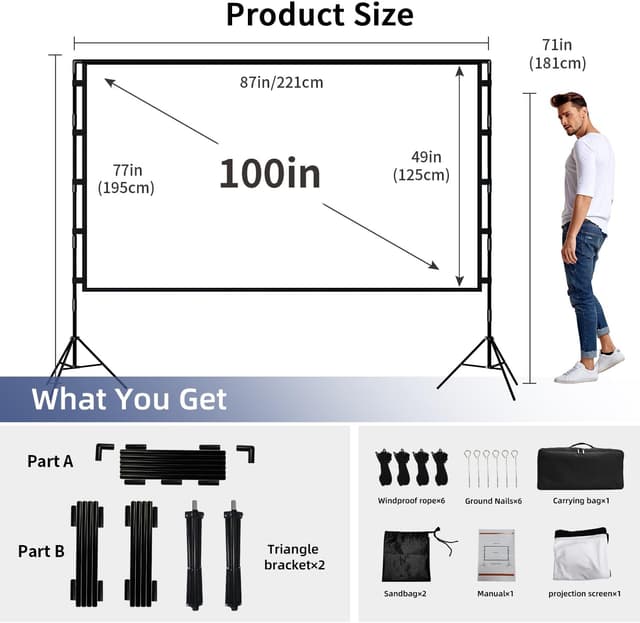 Detalle de Wootfairy 100-inch Foldable Projector Screen with Stand (16:9, 4K HD Ready)