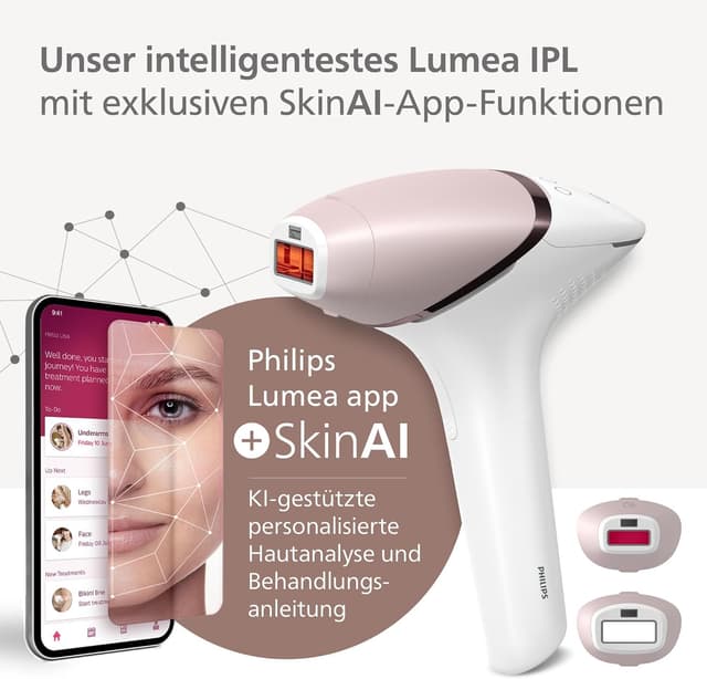 Detalle de Philips Lumea IPL 9900 Series (BRI950/02) mit SenseIQ & SkinAI – Alternative zur Laserhaarentfernung, 2 Aufsätze für Körper & Gesicht