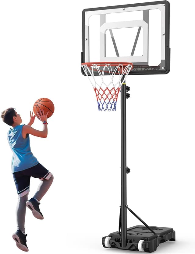 Detalle de Adjustable Basketball Hoop and Stand (5ft–7ft) with 33in Shatterproof Backboard and Stand Wheels