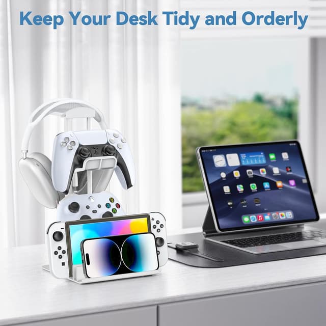 Detalle de KDD Headphone Stand & Game Controller Holder for Desk (White) with Cable Hole Design