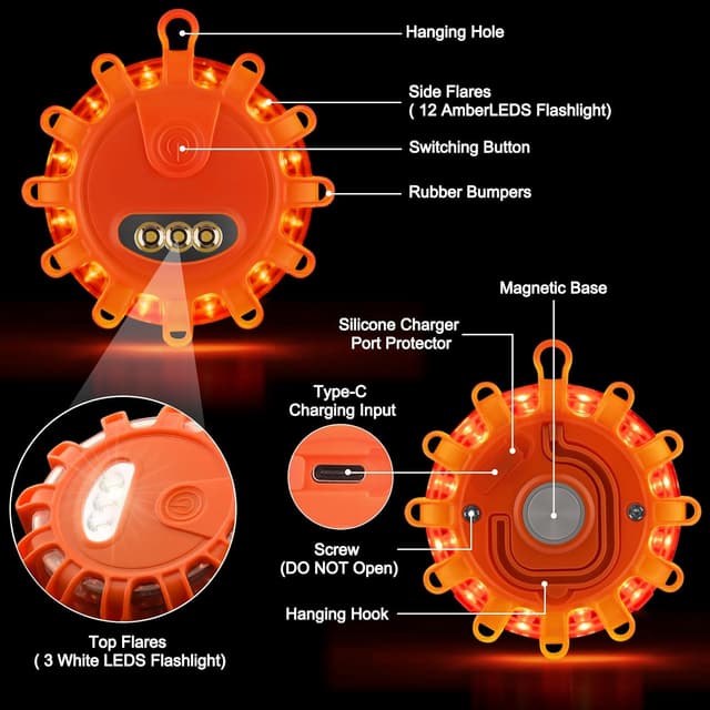 Detalle de USB-C Rechargeable LED Road Flares Emergency Lights with Magnetic Base (3-Pack) — USB C Rechargeable Road Flares Kit