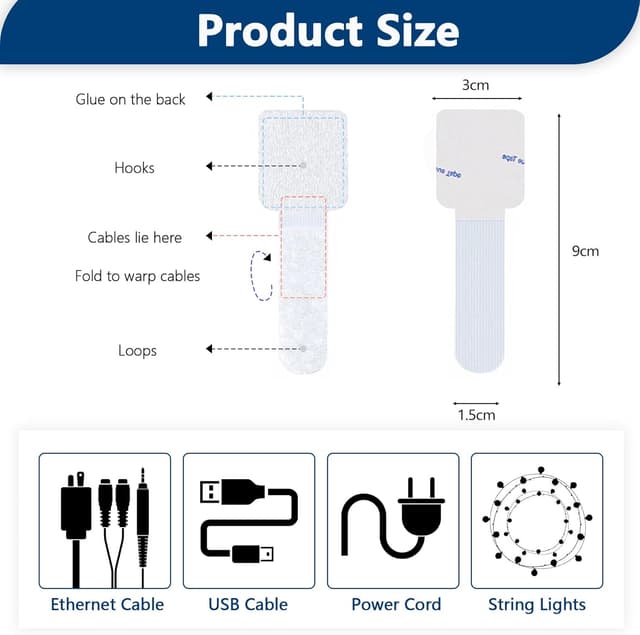 Detalle 2 de Abnii 50 PCS Under Desk Cable Management Clips & Hook-and-Loop Ties (White, Small)