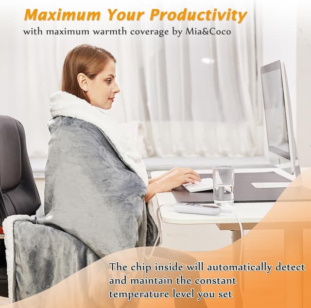 Detalle de Mia&Coco Electric Heated Blanket Throw (180x130cm) – Flannel & Sherpa, 10 Heat Levels, 9-Hour Auto-Off (Grey)