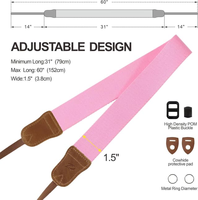 Detalle 2 de Padwa Lifestyle Pink Camera Strap (Double Layer Crazy Horse Cowhide) – 1.5in Cotton Woven Adjustable Strap