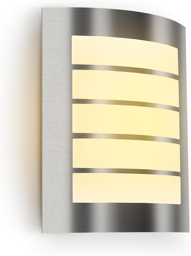 Detalle de Kerry Wall Light outside front door lighting – IP44 mains powered E27 curved stainless steel sconce
