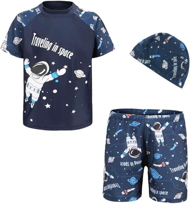 Detalle de FedMois Kleinkinder Badeanzug 3-teiliges Set für Jungen (Badeshirt, Badeshorts, Bademütze)